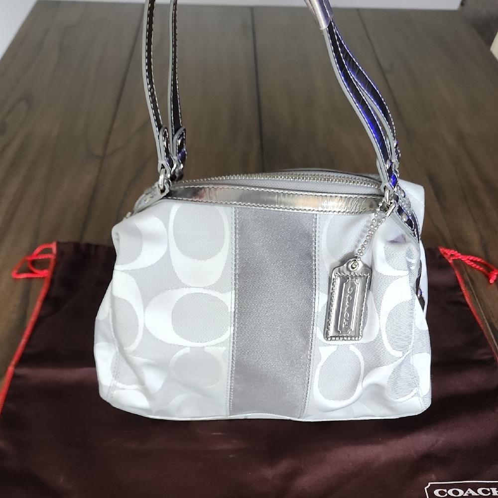Coach Silver Signature Stripe Satchel Handbag